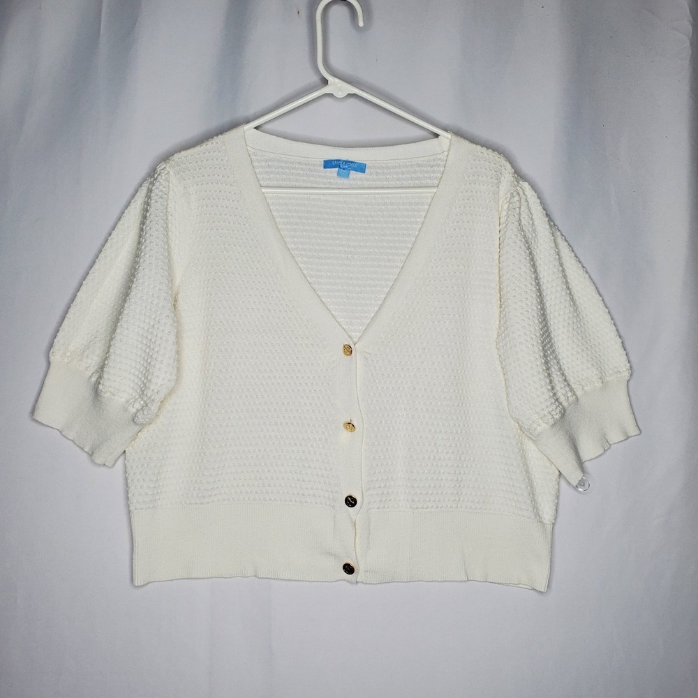 Draper James RSVP White Short Sleeve Cardigan‎ Gold Button Textured Sweater XXL